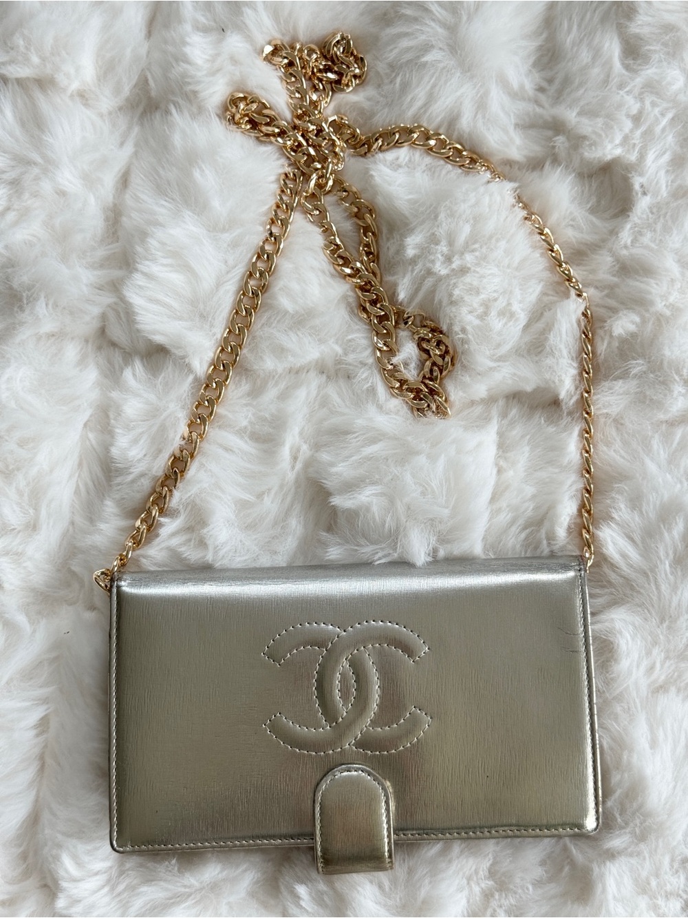 Authentic CHANEL Metallic Gold CC Wallet w/ Gold Chain